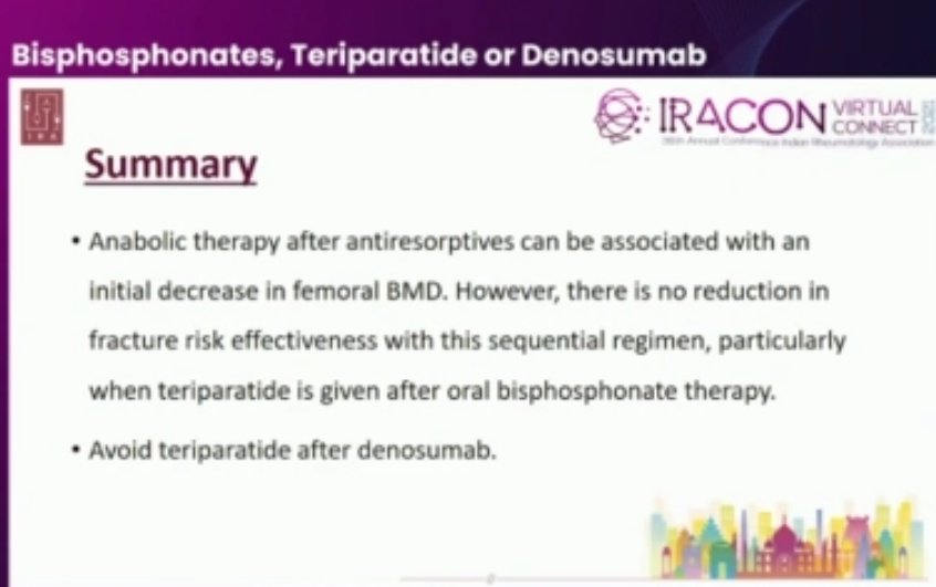ishaplp's tweet image. @2021Iracon #IRACON2021 informative talk on #osteoporosis
👉BISphosphonates remain first line
👉Ideally TERIparatide to be followed by BIS(most of us actually use BIS first)
👉Denosumab discontiun ass with rebound effect 
👉Avoid TERI after DENO(&amp;gt;5yr) use BIS