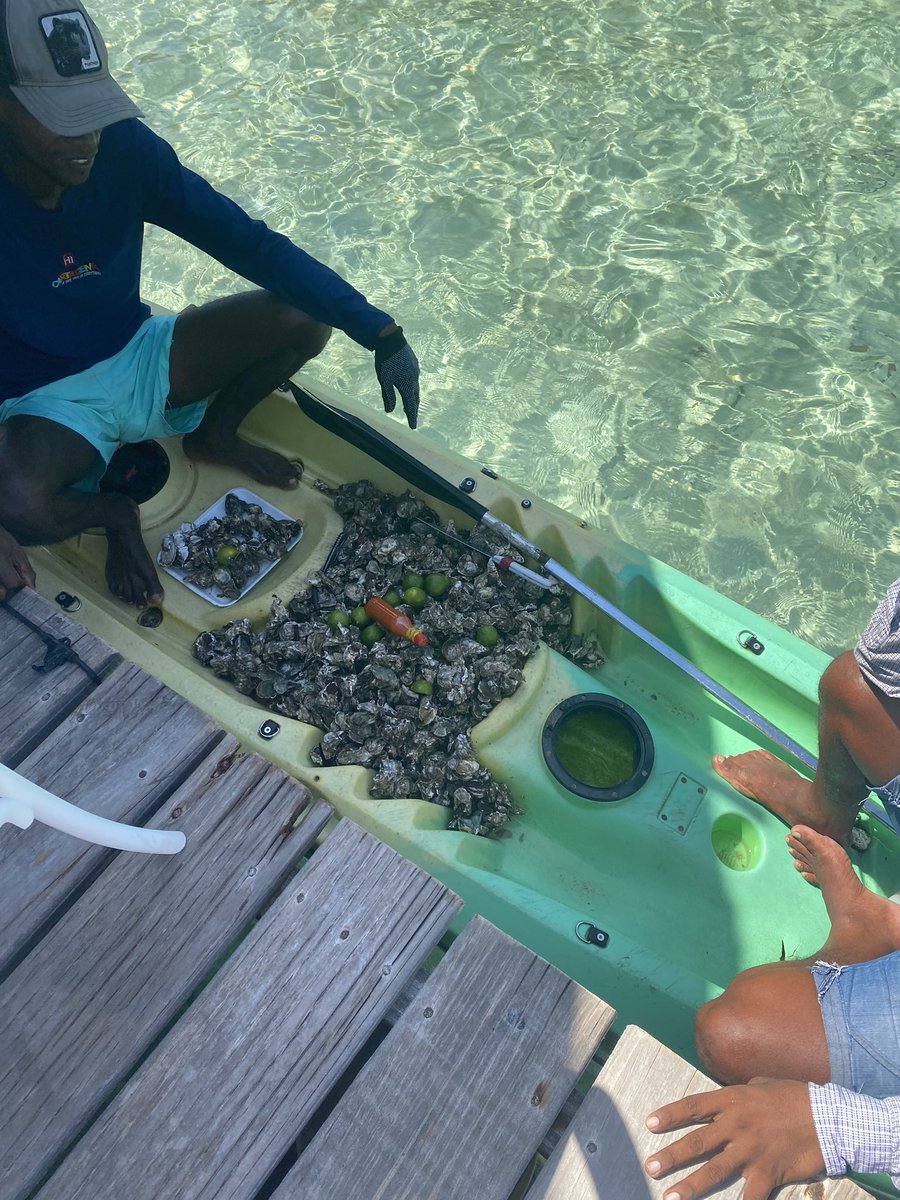 Preparando el aperitivo.
Ostras con lima y salsa picante.