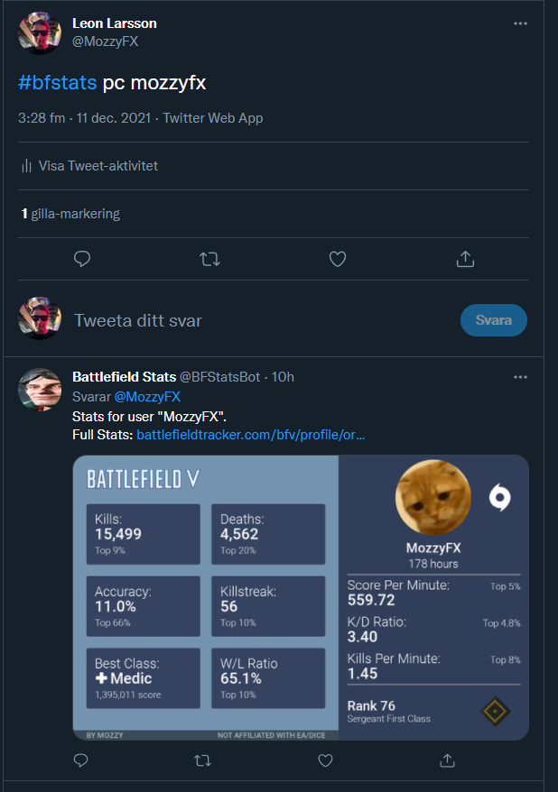 MozzyFX's tweet photo. The result of a couple hours of work tonight. I don't know if I plan on continuing it, but if you want to try it, just write #bfstats and put your info after the hashtag, like in the image.
Only BFV for now.
If it doesn't work or displays weird stuff, that's me working on it. https://t.co/22nKLnO9bP