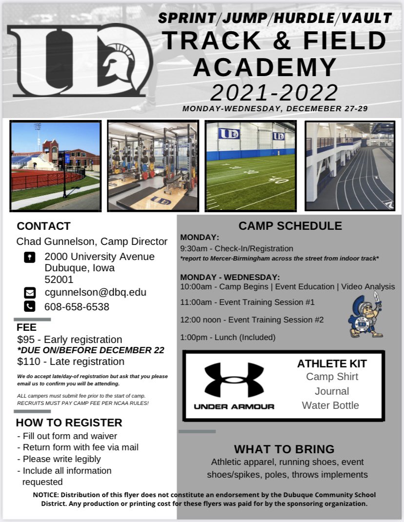 ⚡️ FLASH CAMP ⚡️ 

𝙎𝙋𝙍𝙄𝙉𝙏 | 𝙅𝙐𝙈𝙋 | 𝙃𝙐𝙍𝘿𝙇𝙀 | 𝙑𝘼𝙐𝙇𝙏
ACADEMY

DECEMBER 27-28-29

Email UDTFXC@dbq.edu for info!

#UDTFXCamps