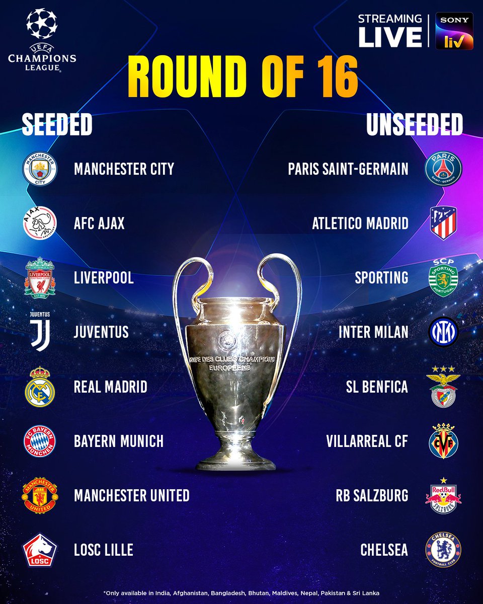 SonyLIV's tweet photo. Here's a l๐k at the seeded and unseeded teams going into #UCLdraw ๐งฎ
Which club would you want your favourite side to face in Round of 16? ๐คจ
#UltimateClashofLegends #UCL #SonyLIV https://t.co/7lNKHiP8WV