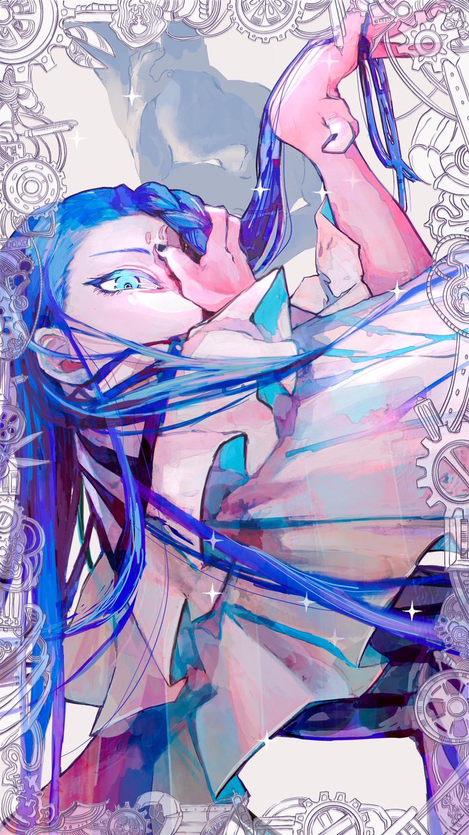 long hair blue hair blue eyes forehead mark looking at viewer facial mark solo  illustration images