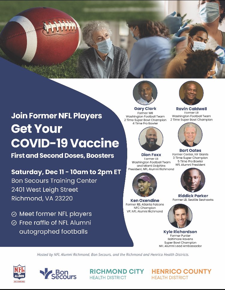 Hey Richmond! My #NFL Alumni & I want to meet you today 12/11 10am-2pm for our free @NFLAlumniHealth #vaccination awareness event at Bon Secours Training Center. We have information and a chance to win an autographed #NFLAlumni football. #NFLAlumniHealth