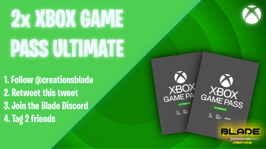 Blade_Creations's tweet image. ☃️🥳CHRISTMAS GIVEAWAY TIME!!🥳☃️

🥇2 WINNERS!
🏆Prize: 1x 2-Months Xbox Game Pass Ultimate Code EACH
⏰Ends: Friday 17th December

✅How to Enter:
1) Follow us: @CreationsBlade 
2) Retweet this Tweet
3) Tag 2 Friends

👉PARTICIPANTS MUST BE A MEMBER OF:
discord.gg/ycSvVhceJd