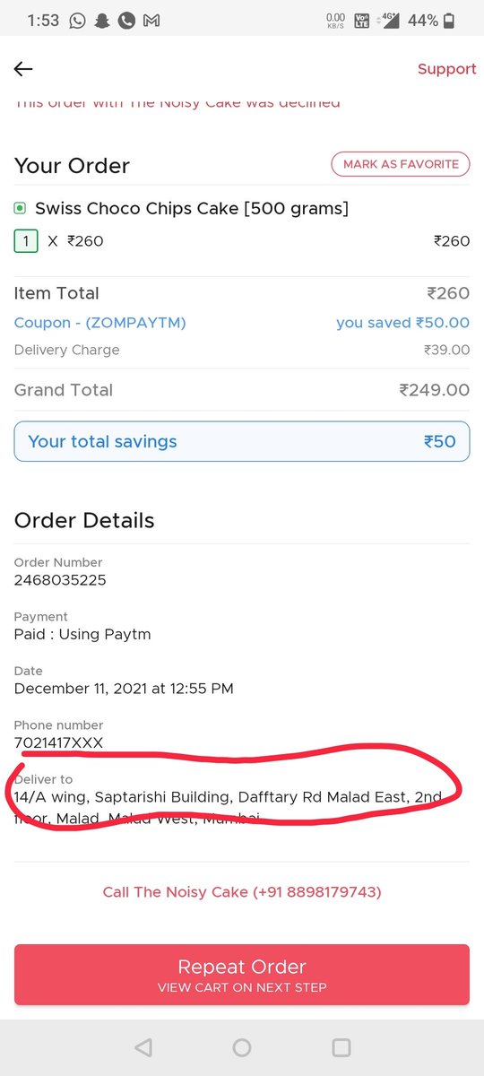 SaloniJain03's tweet photo. My order no: 2468035225
I got a call from Zomato helpline and she suggested me to change the address until I tried to change got a notification of Order declined. When on same address my other orders @zomatocare
@zomato HOW CAN ZOMATO PEOPLE CHARGES OF 250? THIS IS CHEATING https://t.co/cciq10zwNA