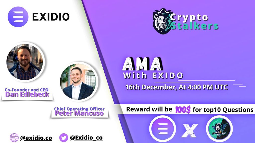 Zain_Onchain's tweet photo. 📢 We're thrilled to announce our next #AMA with @Exidio_co on 16th dec at 4:00 PM UTC

💰 Reward Pool: 100$
📍 Venue: https://t.co/4koyOUE3q5
〽️ Rules:
✅ Follow @StalkersCrypto &amp; @Exidio_co 
✅ Like &amp; Retweet
✅ Comment Questions &amp; Tag 3 Friends with BEP20 address https://t.co/lQHpcQ3sMI