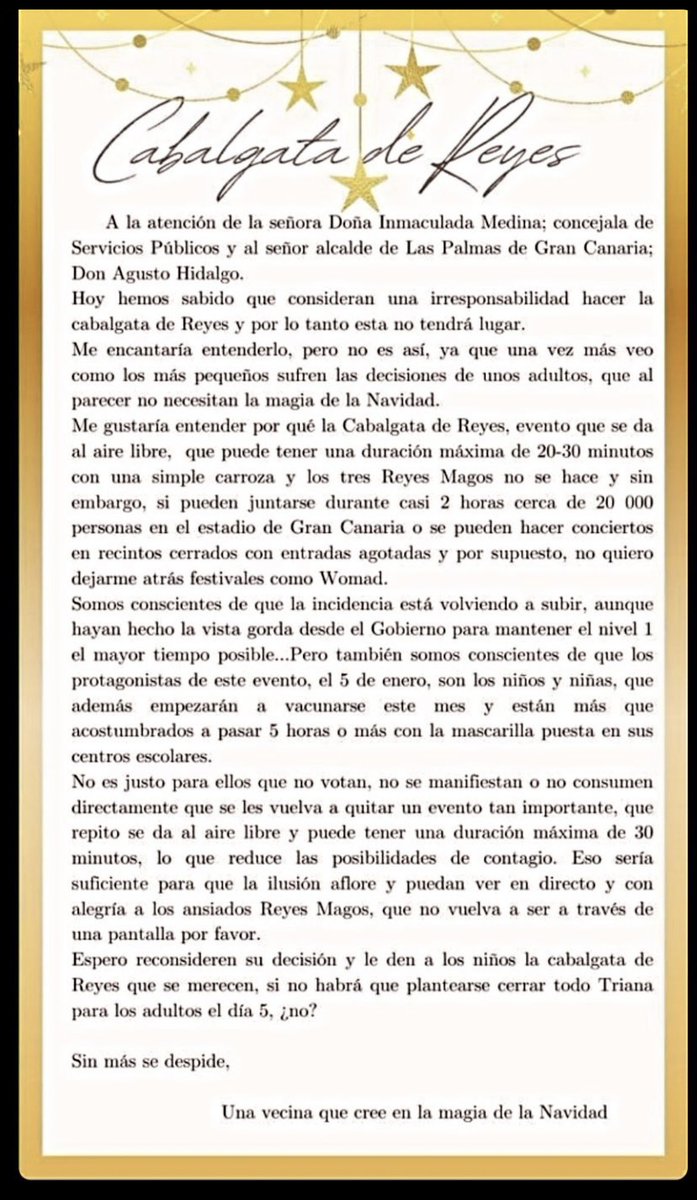 7IslasCanarias's tweet photo. ✉️Carta de una vecina de Las Palmas de Gran Canaria, dedicada al @AyuntamientoLPA, tras anunciarse la suspensión de la Cabalgata de los Reyes Magos 👑🐫🎁 https://t.co/vMqCMivrd0