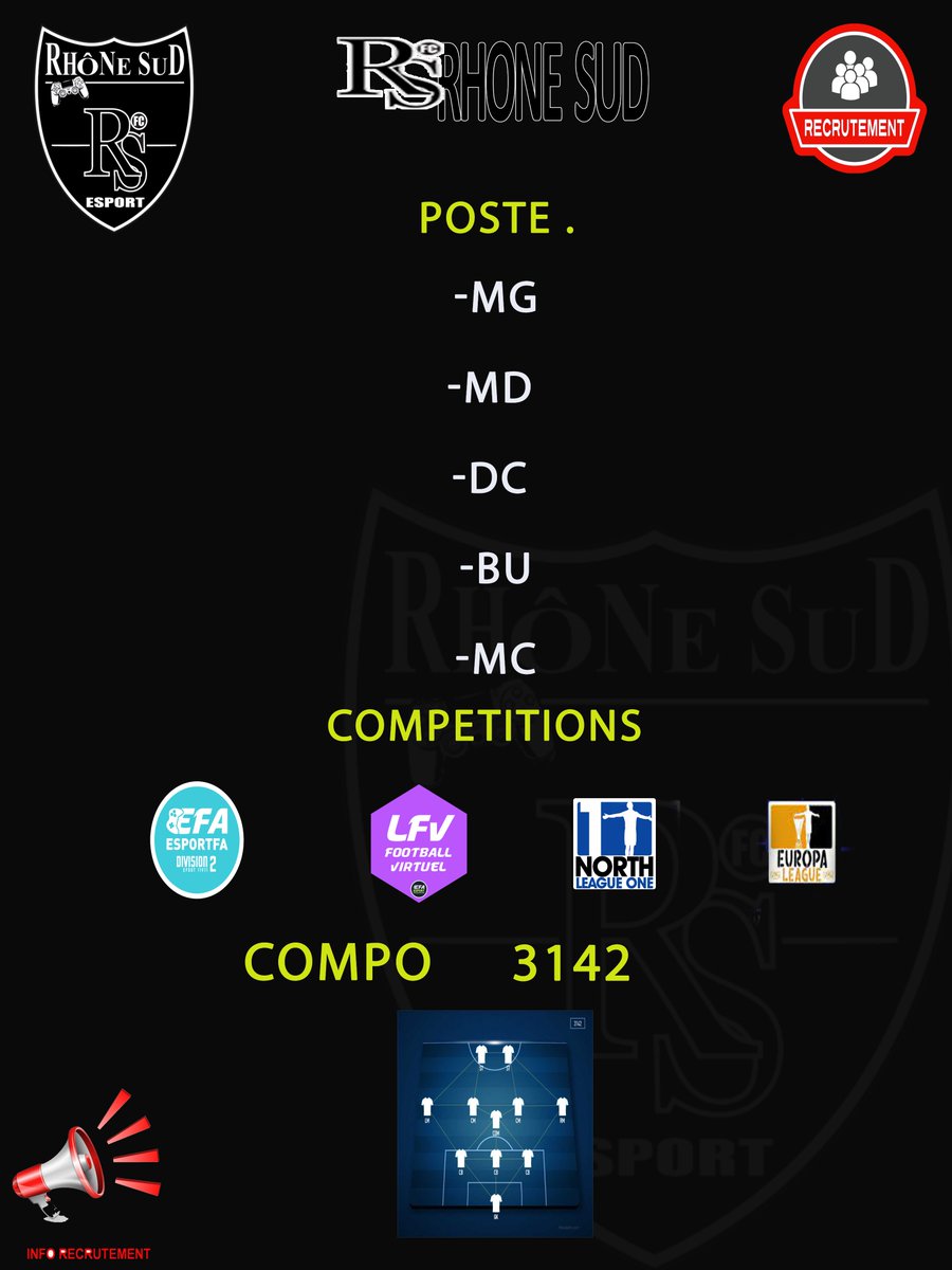 📢Recrutement FIFA Saison 2  ⚫⚪🎮
Nous recherchons des joueurs avec expérience disponible 3/4 avec une très bonne mentalité et voulant s’investir dans le club sur le long terme  esprit collectif connaissance de leur poste 
Compétitions Vpg Europe L1  
Esportfa  EFL L2 Lfv L1