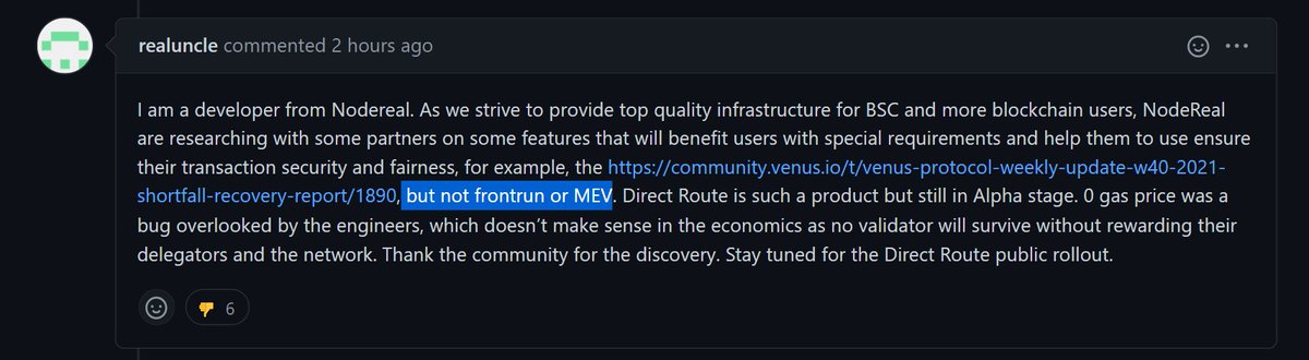 bertcmiller's tweet photo. bruh

nodereal on github: we don't do frontrunning or MEV
nodereal on chain: sandwiching users

check out these last few internal txs to their validator
https://t.co/8cXokIcuLt https://t.co/OcwXTuglWL