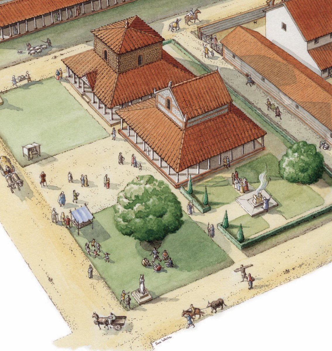 Caistor St Edmund #Norfolk #Archaeology my reconstruction painting of the two temples at the centre of the walled #Roman town #RomanSiteSaturday