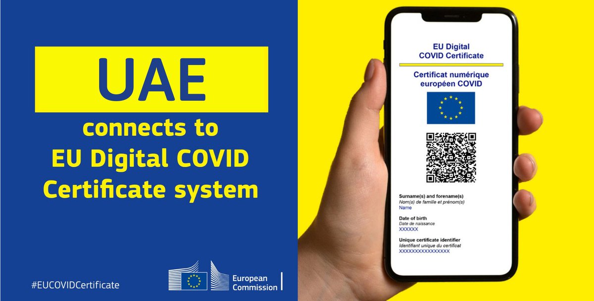 EUintheUAE's tweet photo. 📢 The #UAE is now connected to the #EU Digital #COVID Certificate system.

This will make travel between 🇪🇺 &amp; 🇦🇪 easier as certificates issued by the UAE are now equivalent to the #EUCovidCertificate. 

The UAE is one of the first countries in the MENA region to achieve this. https://t.co/pYMRfp9QjN