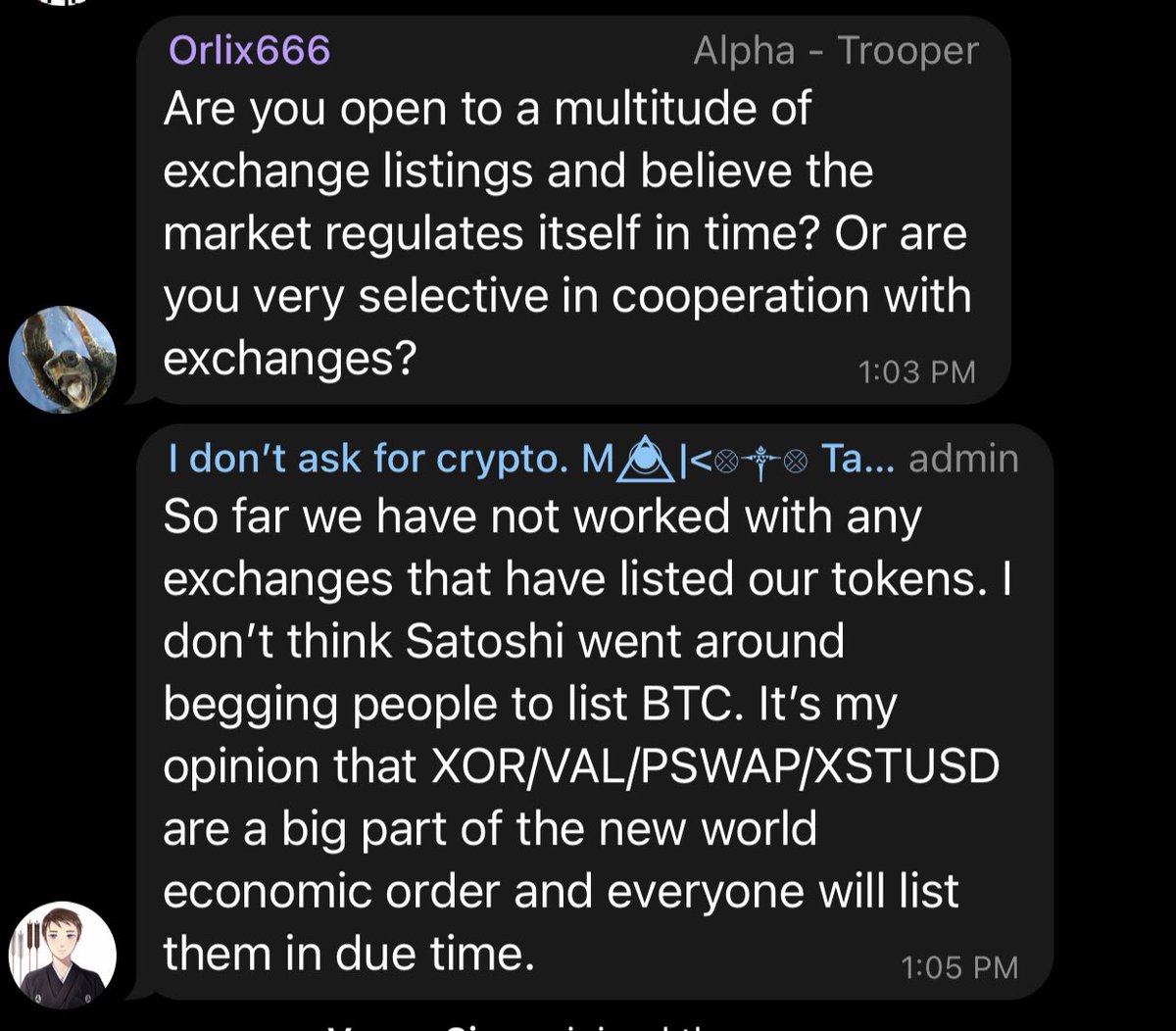 BDRSora88's tweet photo. To actively seek exchange listings is a sign of weakness. Why seek when eventually they will beg to list you? Makoto's answer is the ultimate flex for the Sora ecosystem! @M4K070 @sora_xor https://t.co/wcNnzoCT4V