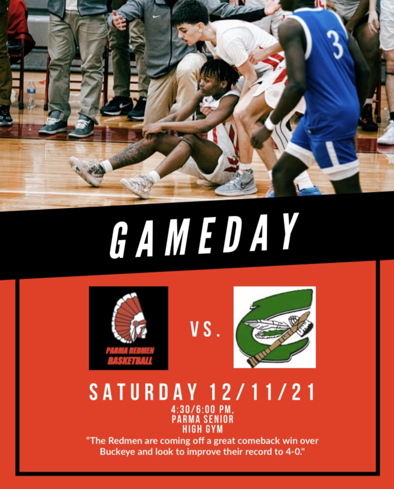ParmaRedmenBBk's tweet photo. Gameday! Parma looks to extend their hot start to the season with a game against Columbia at home tonight. Come on out and support the boys! Jv at 4:30 and Varsity at 6! #RollRedmen #RedmenHoops #ParmaBoyz https://t.co/0jnuAlKwzd