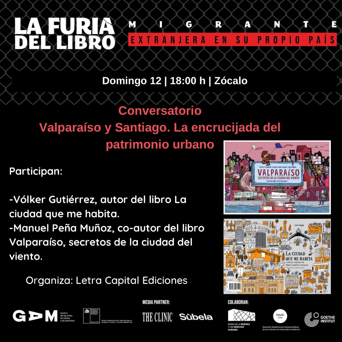 Seguimos en <a href="/lafuriadellibro/">La Furia del Libro</a> junto a <a href="/ullabooks/">ULLABOOKS</a>, <a href="/Nauta_Coleccion/">Nauta Colecciones</a> y <a href="/GrafitoEditor/">Grafito Ediciones</a>, y este domingo tendremos una interesante conversación  sobre el pasado y presente de Valparaíso y Santiago. ¡Los esperamos!