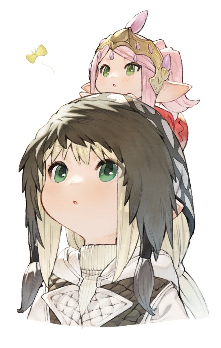 avatar (ff14) lalafell green eyes multiple girls 2girls pointy ears looking up pink hair  illustration images