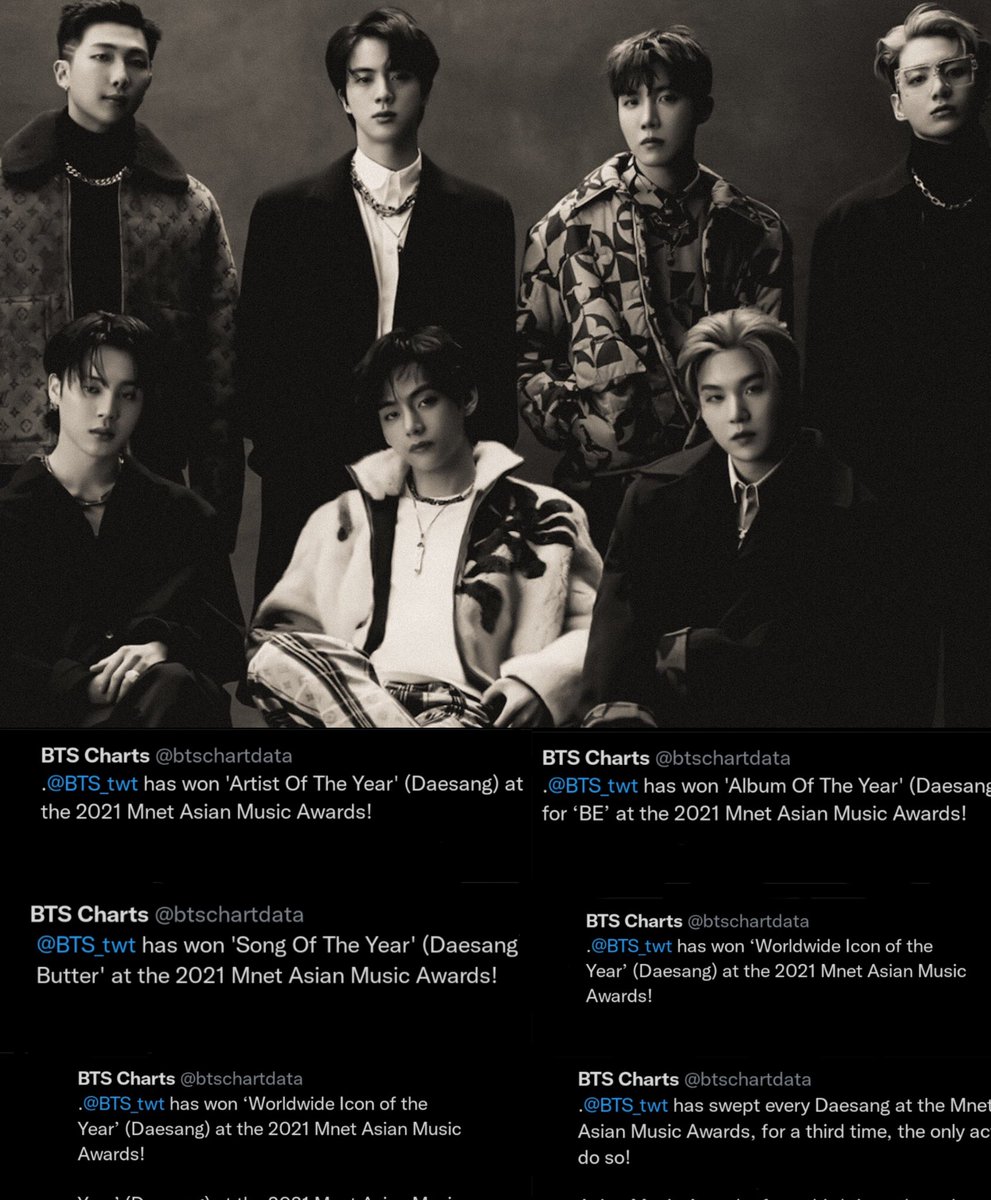 ampa_net's tweet photo. ㄴ[🏆]ㅡ  #MAMABTS #MAMA2021_BTS

🔹️¡BTS ha arrasado con todos los Daesang en los MAMA, por tercera vez y es el ÚNICO acto en hacerlo! ¡Mírelos como el MVP de esta entrega de premios sin siquiera asistir a la ceremonia de premiación! @BTS_twt https://t.co/Lqa0DcDkAx