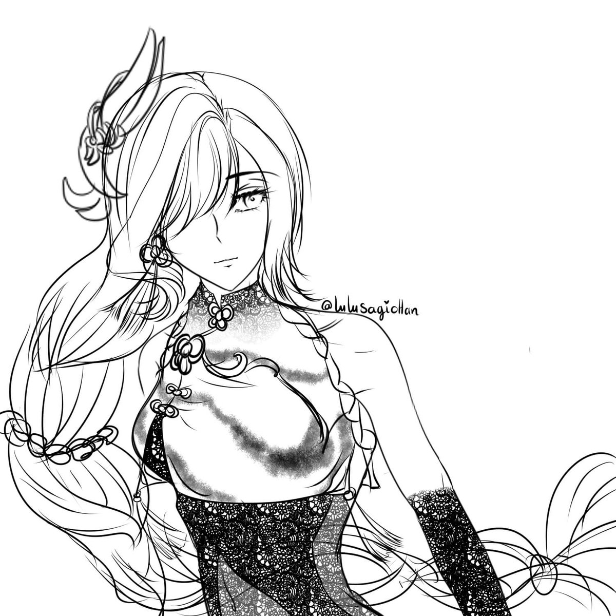 Lulusagichan's tweet photo. Doodling time 
Shenhe is so pretty
Couldn't resist drawing 
*cries in no primogems* https://t.co/y5CE4Bnz4H