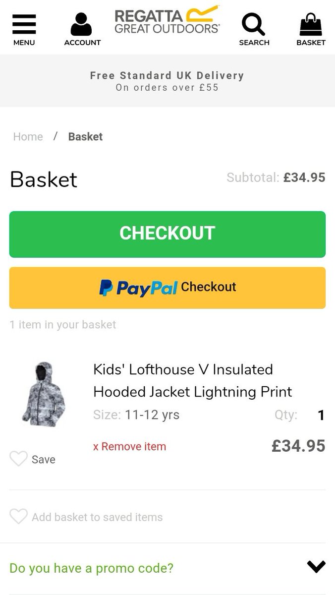 markdonnison81's tweet photo. @RegattaOutdoors ad on your site says new price, but put item in basket and doesn't reduce? Tried all sizes but doesn't change? Need a code? https://t.co/UblRmNGm2u