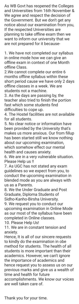 kr_mahato5's tweet photo. We,the students of Sidho Kanho Birsha University demand the upcoming semester examinations to be held in online mode due to the following reasons
@MamataOfficial 
@BanglarGorboMB 
@basu_bratya 
@EduMinOfIndia 
@nsui 
@ugc_india
@abpanandatv
@Zee24Ghanta 
@News18Bengali https://t.co/fsyLPwry9Y