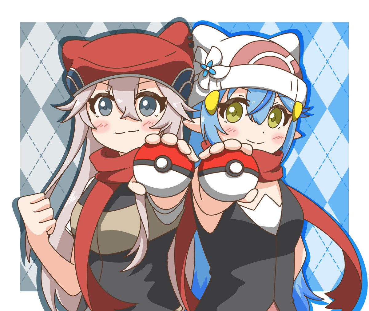 dawn (pokemon) ,shishiro botan ,yukihana lamy cosplay multiple girls 2girls poke ball holding holding poke ball red scarf  illustration images