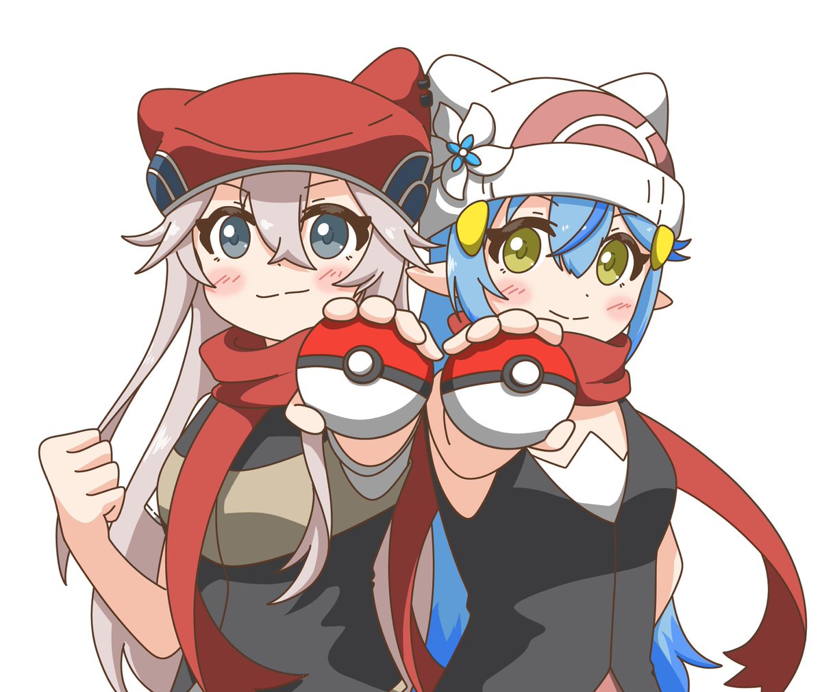 dawn (pokemon) ,shishiro botan ,yukihana lamy cosplay multiple girls 2girls poke ball holding holding poke ball red scarf  illustration images