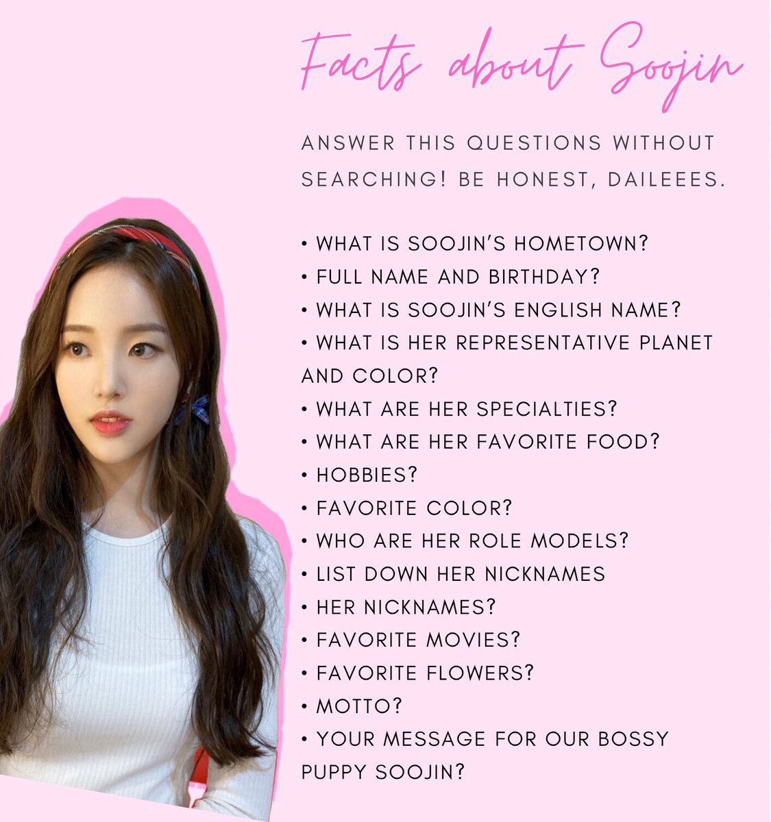 [🎲]

Answer this daileees! 💓 

🎯 100 replies

-
CAPTAIN SOOJIN DAY
#BossPuppySOOJINDay
#우리집_대징강아지_수진이의_생일