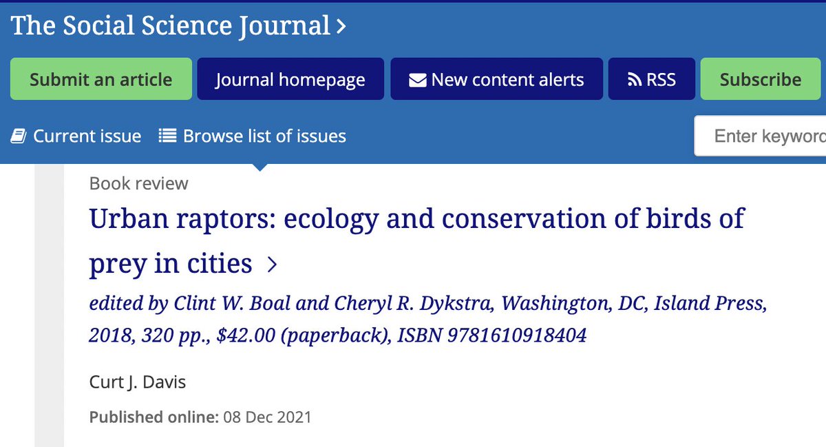 CJD_PhD's tweet photo. As an avid birder who is a social scientist with a degree in #environmentalpolicy, I am very happy to have reviewed an excellent book on #urban #raptors by Clint W. Boal and Cheryl R. Dykstra @IslandPress for the Social Science Journal. #birding #conservation https://t.co/3scGp19TZr