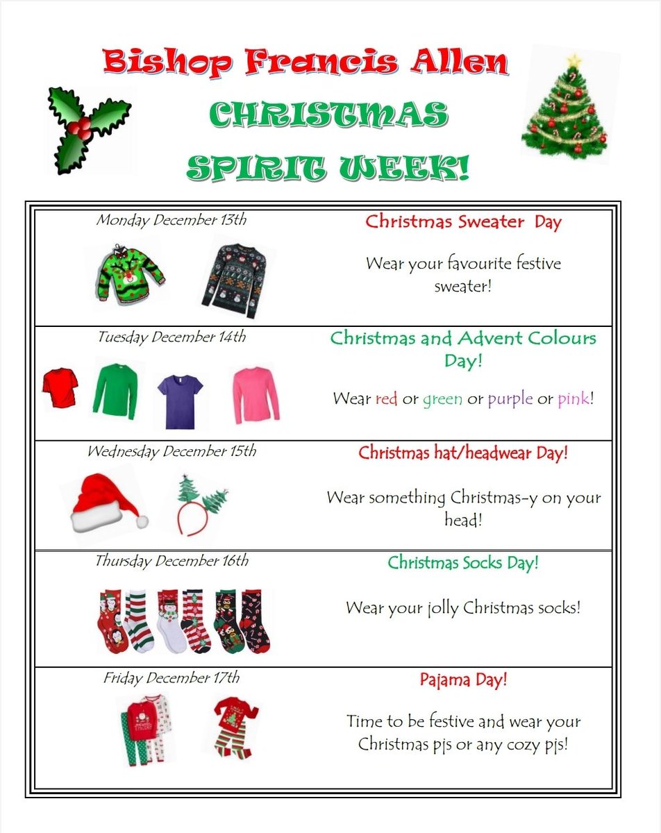 DPCDSB_BFA's tweet photo. 🎄🎅 Next week is Christmas Spirit Week at BFA!🎅🎄 #ShareLife #christmasspirit https://t.co/vKQsyfYCUM
