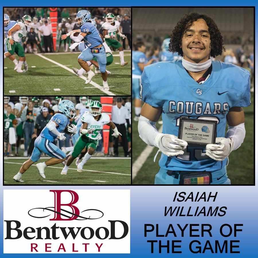 He understood the assignment! Congrats to Isaiah Williams, the State Semifinal’s  <a href="/BentwoodRealty/">Bentwood Realty</a> Player of the Game! Powering his way downfield for 174 rushing yards, a TD, &amp; an interception, he was a force to be reckoned with! #GoCougs #StateBound <a href="/CS_Fball/">CS Football</a> <a href="/cscougarsports/">China Spring Athletic Booster Club</a>