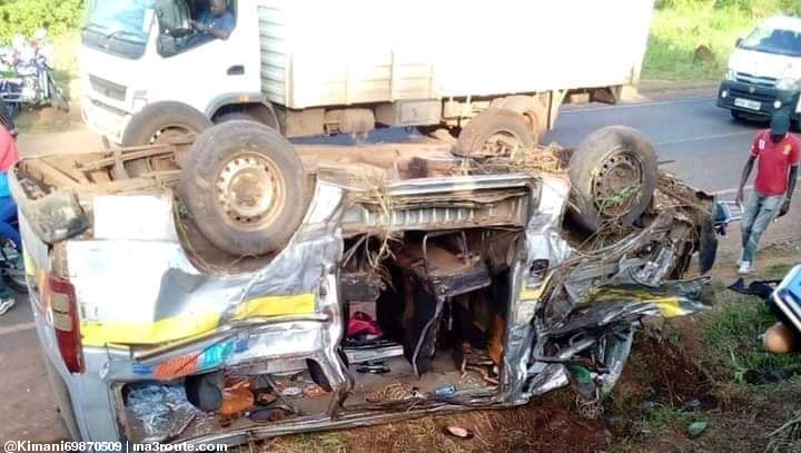 a3Route's tweet photo. 20:28 Embu County.
Sad new just in is that several are feared dead in head-on collision involving this 14seater and a lorry on a continuous yellow line.  https://t.co/yJR2BI5YOi via @Kimani69870509