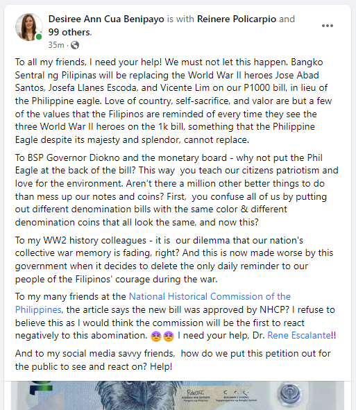 eufems's tweet photo. Desiree Ann Cua Benipayo, a historian and descendant of Jose Abad Santos, objects to the removal of the former Chief Justice on the 1000-peso bill. #HistorySpacePH https://t.co/fv0RlVaBgp