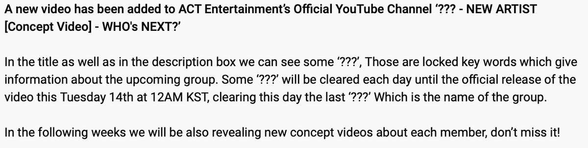 A_C_T_Ent's tweet photo. ⚠️⚠️⚠️

??? - NEW ARTIST [Concept Video] - WHO's NEXT?

🔗https://t.co/Ps9i2yIijD

#WhoIsNext #ACTEntertainment #12AMKST #KPOP #CPOP #JPOP #POP #NewArtist https://t.co/yXEcT1fHBV