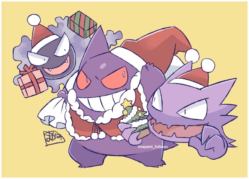 gengar pokemon (creature) no humans hat santa hat clothed pokemon smile holding  illustration images