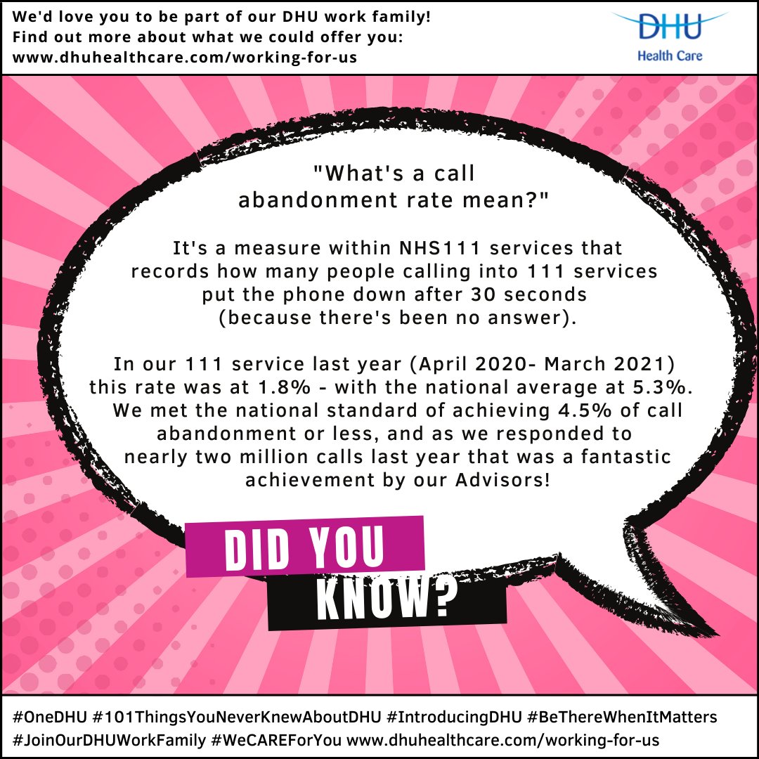 DHUHealthCare's tweet photo. #Day72
Amazing! Our response to people who need urgent advice and care is incredible given the call demand! Fab job by our 111 teams!
#OneDHU #101ThingsYouNeverKnewAboutDHU #IntroducingDHU #BeThereWhenItMatters #JoinOurDHUWorkFamily #WeCAREForYou
https://t.co/R2sdObMx75 https://t.co/UTeHxfEokI