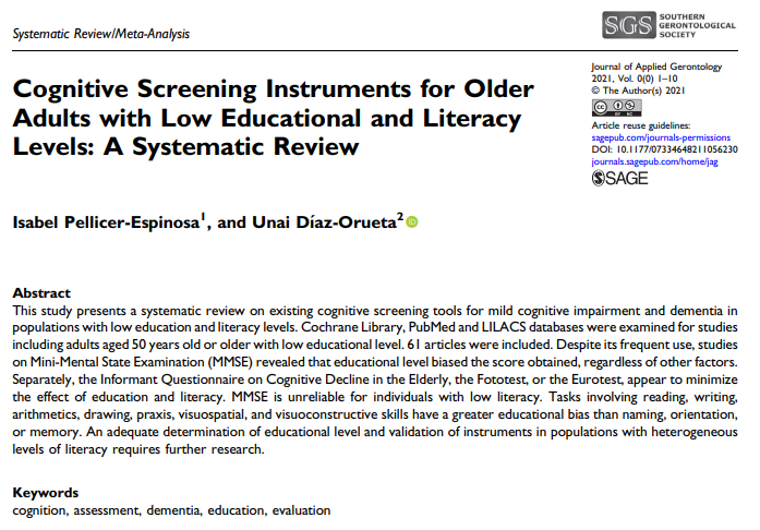 NEW! "Cognitive Screening Instruments for Older Adults with Low Educational and Literacy Levels: A Systematic Review" can be read here ow.ly/KAEX50H3AvC