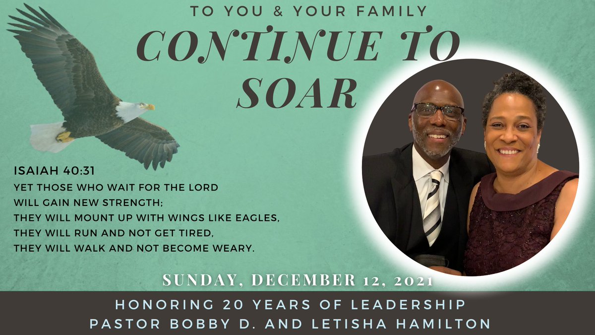 Friendshipcbc's tweet photo. We thank God for sending you to us. We sincerely appreciate your devotion, your dedication, your love, your spirit, your teachings, and your wisdom.
Thank you Pastor Bobby &amp; Letisha Hamilton for your labor of love and we pray that by God's grace you "Continue to Soar". https://t.co/S97Cd7fSat