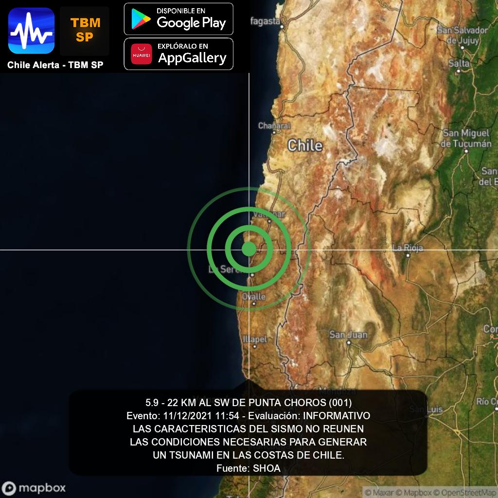 ChileAlertaApp's tweet photo. Boletín 001 de Tsunami. 🌎
5.9 - 22 KM AL SW DE PUNTA CHOROS.
INFORMATIVO - 11/12/2021 11:54.
https://t.co/RblVNxZYn8 #tsunami https://t.co/ZFepG6LOHq