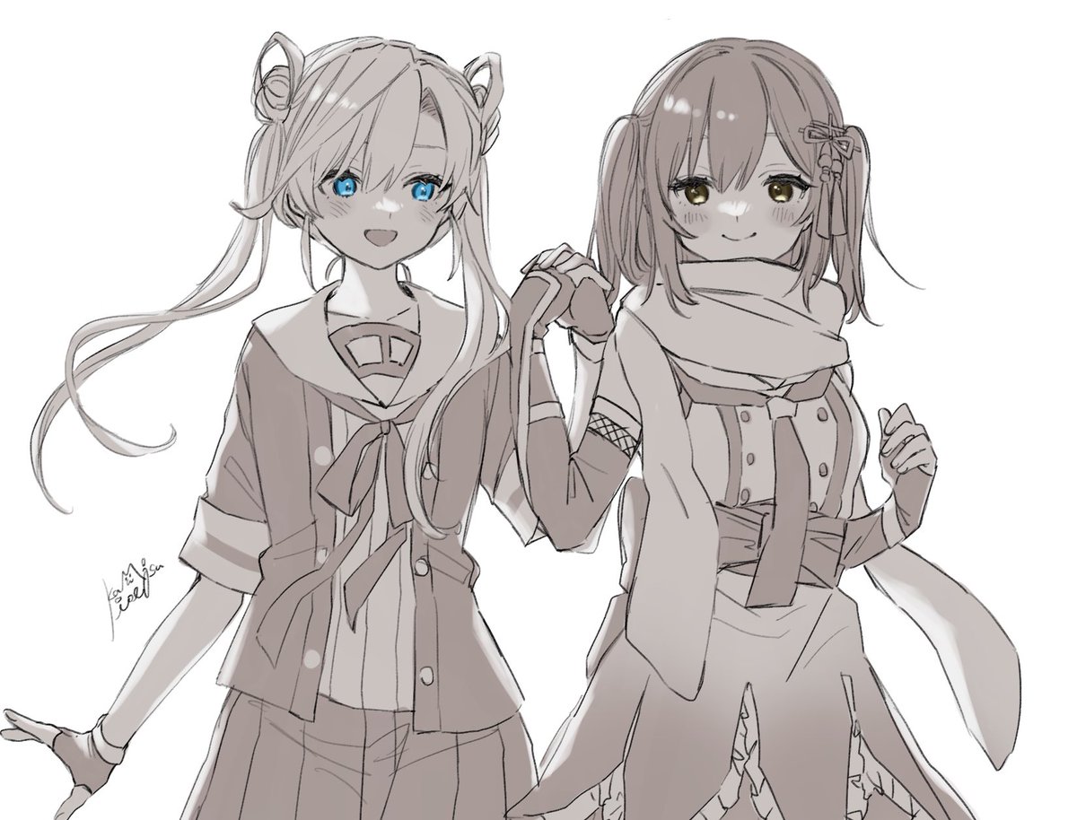 abukuma (kancolle) ,sendai (kancolle) multiple girls 2girls skirt gloves scarf hair rings double bun  illustration images