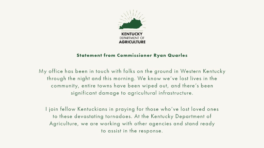 My office has been in touch with folks on the ground in Western Kentucky through the night and this morning. We know we’ve lost lives in the community, entire towns have been wiped out, and there’s been significant damage to agricultural infrastructure. <a href="/kentuckyag/">KY Dept of Ag</a>