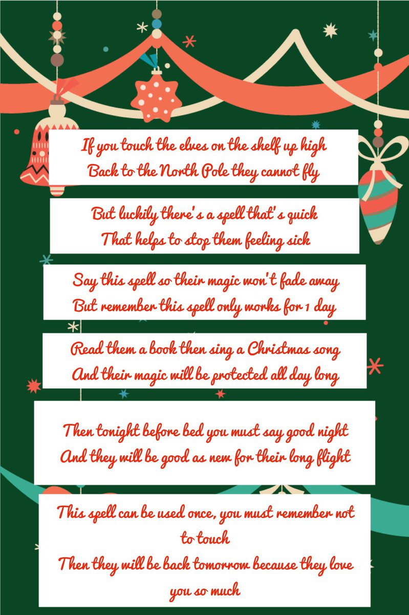 Mrs_Brake's tweet image. If you have a child who is desperate to touch their elves, and you need a few minutes of peace, here’s a magic spell I made up to protect the elves. Daughter’s day is now made, and I can wrap some presents while they are all playing! #elfontheshelf