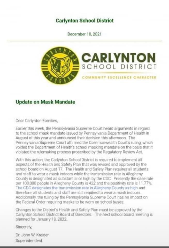 Despite the PA Supreme Court’s ruling that the mask policy for PA schools is Null and Void, various schools districts such as @CarlyntonSchool continue to violate the law & apparently believe their school board is above the law. A disturbing display of stupidity & hubris combined https://t.co/ainT3nwBQd