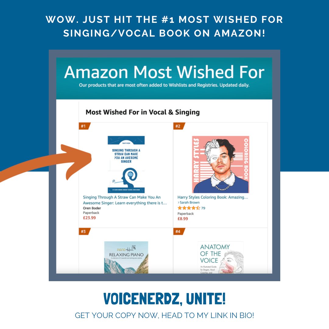 Ahh! I just had to share this! My new book has just hit the #1 spot for the most wished for singing/vocal book on Amazon! Unreal!

Want to help me get to the #1 best seller spot too? ➡️ amazon.co.uk/dp/B09MG8587Z

#book #selfpublish #singingteacher #vocalcoach #sovt #strawphonation