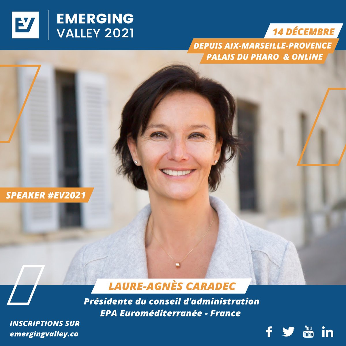 emergingvalley (@emergingvalley) on Twitter photo #EV2021 #Speaker
✨C’est un honneur de recevoir mardi prochain lors de #EV2021 , Mme <a href="/lacaradec/">Laure-Agnès Caradec</a>, Présidente du conseil d'administration de <a href="/Euromed_MRS/">Euroméditerranée</a> qui participera à l’inauguration de cette 5e édition d’EMERGING Valley !
🔥 Inscrivez-vous : online-emergingvalley.co/programme/61a6… #EV2021 #Speaker
✨C’est un honneur de recevoir mardi prochain lors de #EV2021 , Mme <a href="/lacaradec/">Laure-Agnès Caradec</a>, Présidente du conseil d'administration de <a href="/Euromed_MRS/">Euroméditerranée</a> qui participera à l’inauguration de cette 5e édition d’EMERGING Valley !
🔥 Inscrivez-vous : online-emergingvalley.co/programme/61a6…