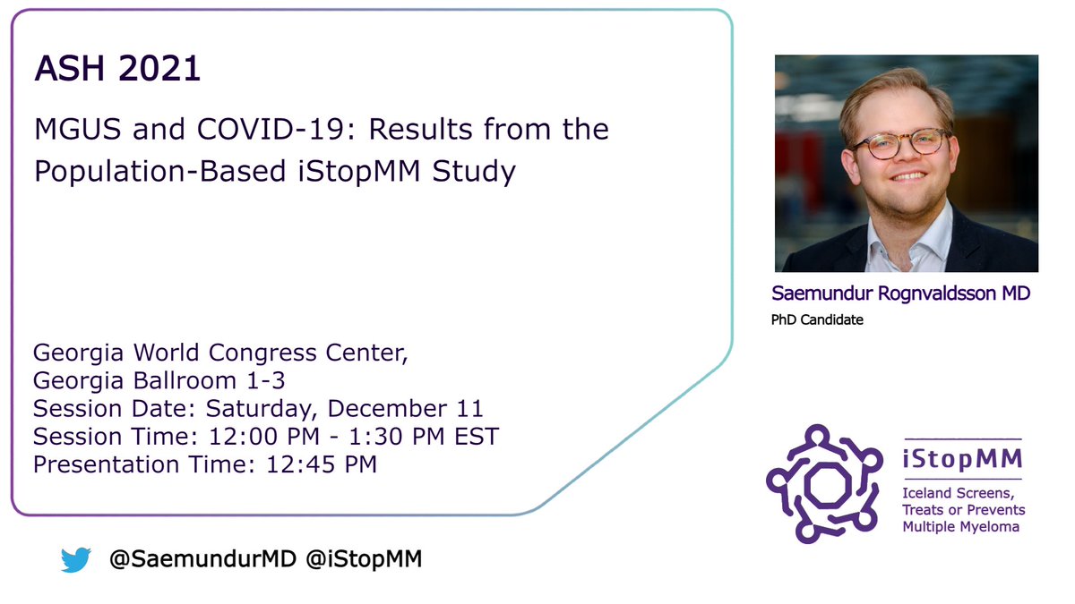 In less than 2 hours <a href="/SaemundurMD/">Sæmundur Rögnvaldsson, MD, PhD</a> will tell you whether MGUS is a risk factor for #covid19 or severe covid. Don't miss it. He is an MD, a PhD student and a brilliant member of the <a href="/iStopMM/">iStopMM</a> team!

<a href="/sykristinsson/">Sigurdur Kristinsson</a> <a href="/IMFmyeloma/">International Myeloma Foundation</a> <a href="/TheBindingSite/">Binding Site</a>