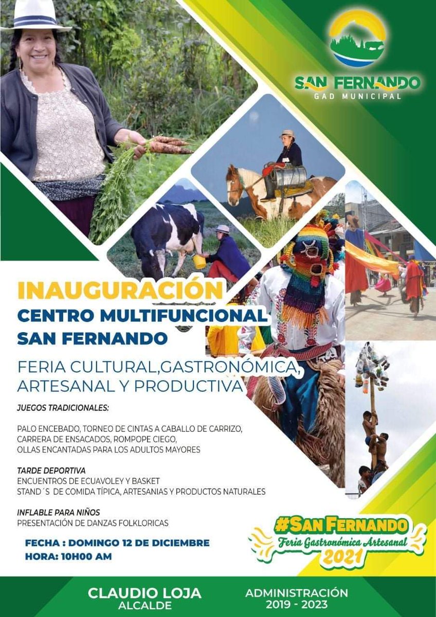 Hacemos una cordial invitación a todos a la inauguración del Centro Multifuncional San Fernando y a disfrutar de la feria cultural, gastronómica, artesanal y productiva. Disfruta de este evento para toda la familia organizado por <a href="/GADSANFERNANDO1/">Gad San Fernando</a>.  #JuntosLoLogramos
