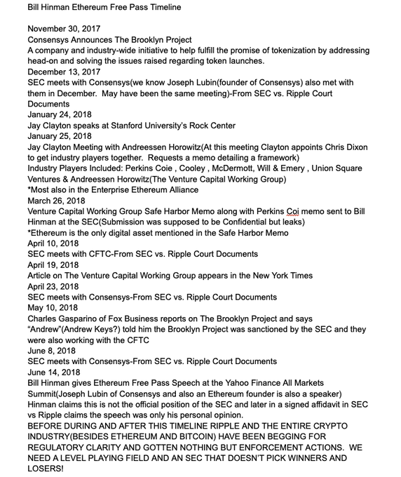 digitalassetbuy's tweet photo. The people in this timeline knew ETH was going to get a free pass before the public knew.  Did they own ETH?  Legal?  What else did they know that wasn't public information?  Who knew the @ripple suit was going to be dropped ahead of time?  Did they short XRP?  Is that legal? https://t.co/mFo1kKMNP5