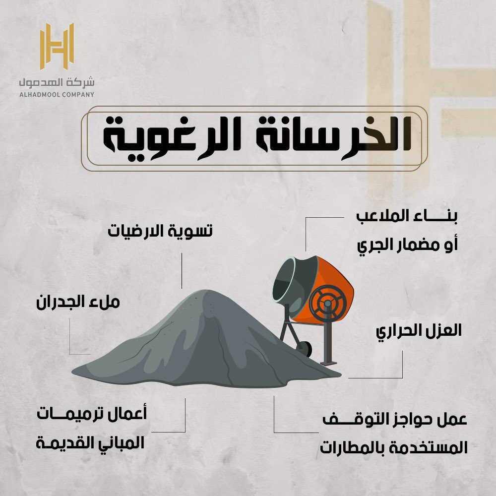 تتعدد مجالات استخدام الخرسانة الرغوية ومنها:
- العزل الحراري 
- تسوية الارضيات 
- ملء الجدران 
- أعمال ترميمات المباني القديمة 
- حواجز التوقف المستخدمة بالمطارات 
- بناء الملاعب او مضمار الجري 

لمزيد من المعلومات:
(hadmoolco.com)

#الهدمول  
#الحدود_الشمالية 
#عرعر