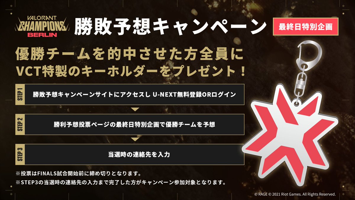 Valorant Champions Tour Japan S Tweet Vct Valorantchampions 勝敗予想キャンペーン開催中ですが 明日の最終日だけの特別企画 優勝チームを的中させた方 全 員 に Vct特製キーホルダーをプレゼント 予想はここから Trendsmap