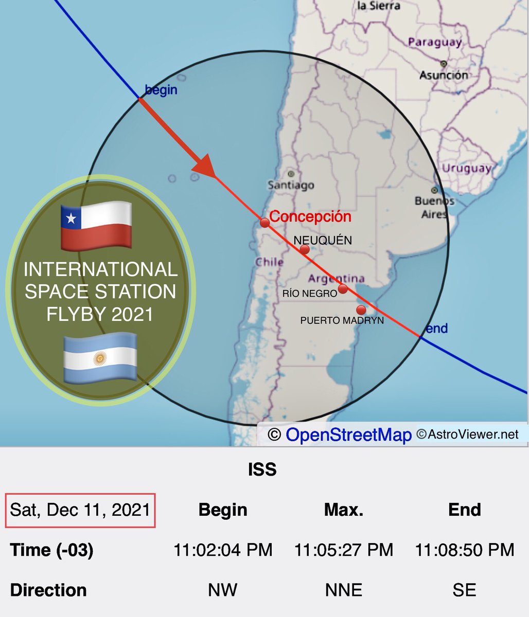 IgnazioMagnani's tweet image. 🇨🇱¡Biobío!
🇦🇷¡Neuquén!
🇦🇷¡Río Negro!
🇦🇷¡Chubut!
La Estación Espacial Internacional se podrá ver hoy a simple vista (sin nubes) en todas partes a las 23:05
 
 📲 pon alarma
 📲 toma foto
 
Hoy en el espacio spacefacts.de/english/e_toda…
Pildora informativa vigoalminuto.com/2019/07/04/ign…