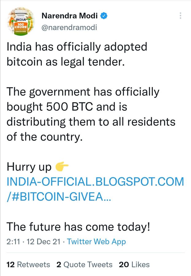 Indian PM Modi’s Twitter Account Hacked, iiQ8 info BitCoin Shared